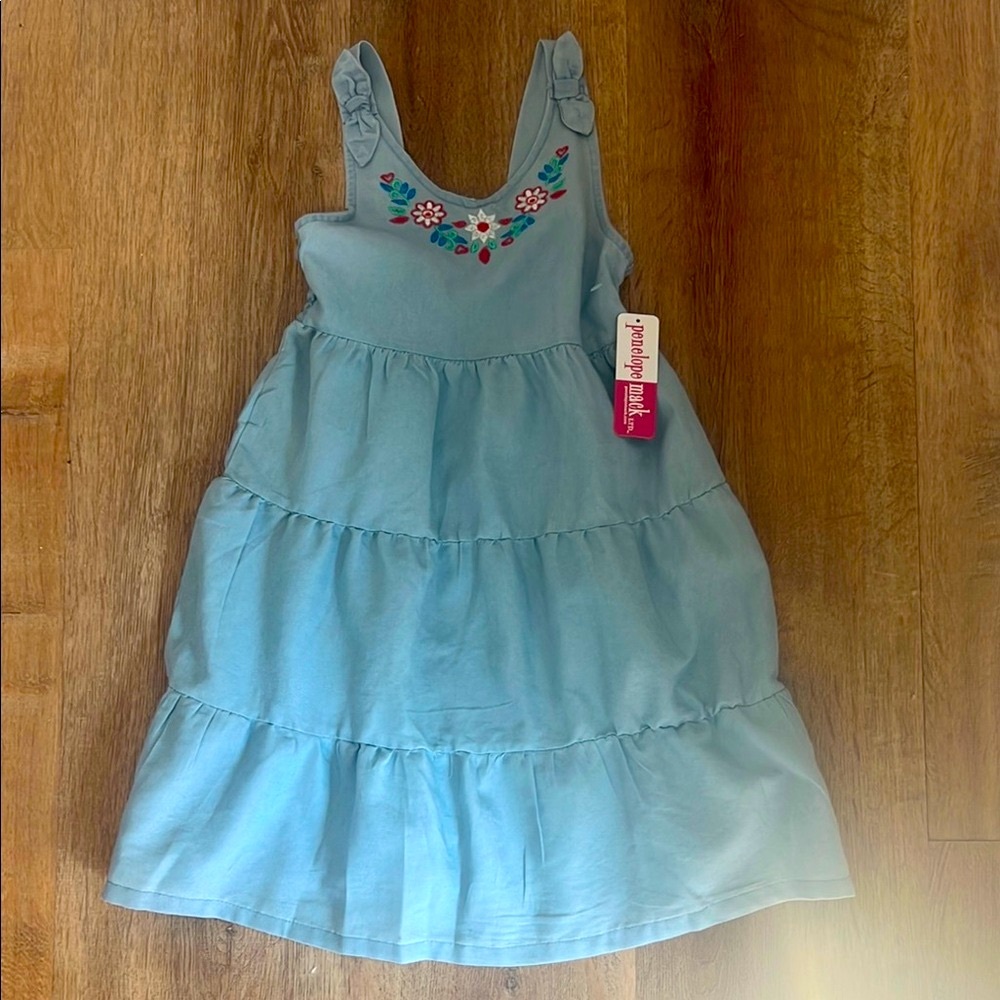 Blue chambray Dress with Floral Embroidery